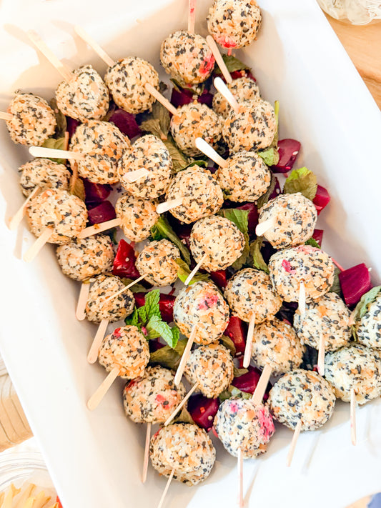 Pickled beet & goat cheese ball skewers